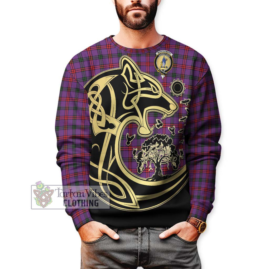 Montgomery Tartan Sweatshirt with Family Crest Celtic Wolf Style Unisex - Tartan Vibes Clothing