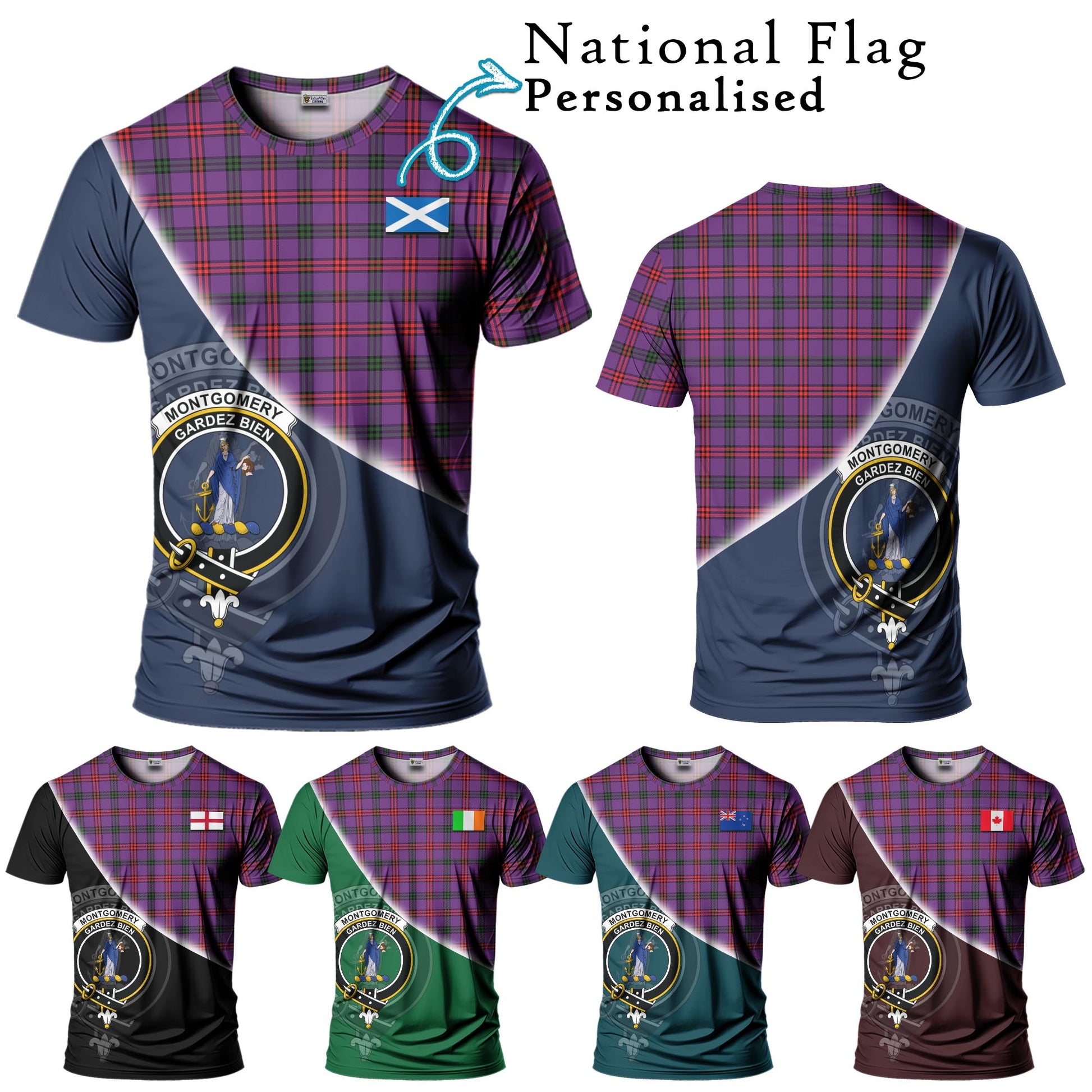 Tartan Vibes Clothing Montgomery Modern Tartan T-Shirt with Personalised National Flag and Family Crest Half Style