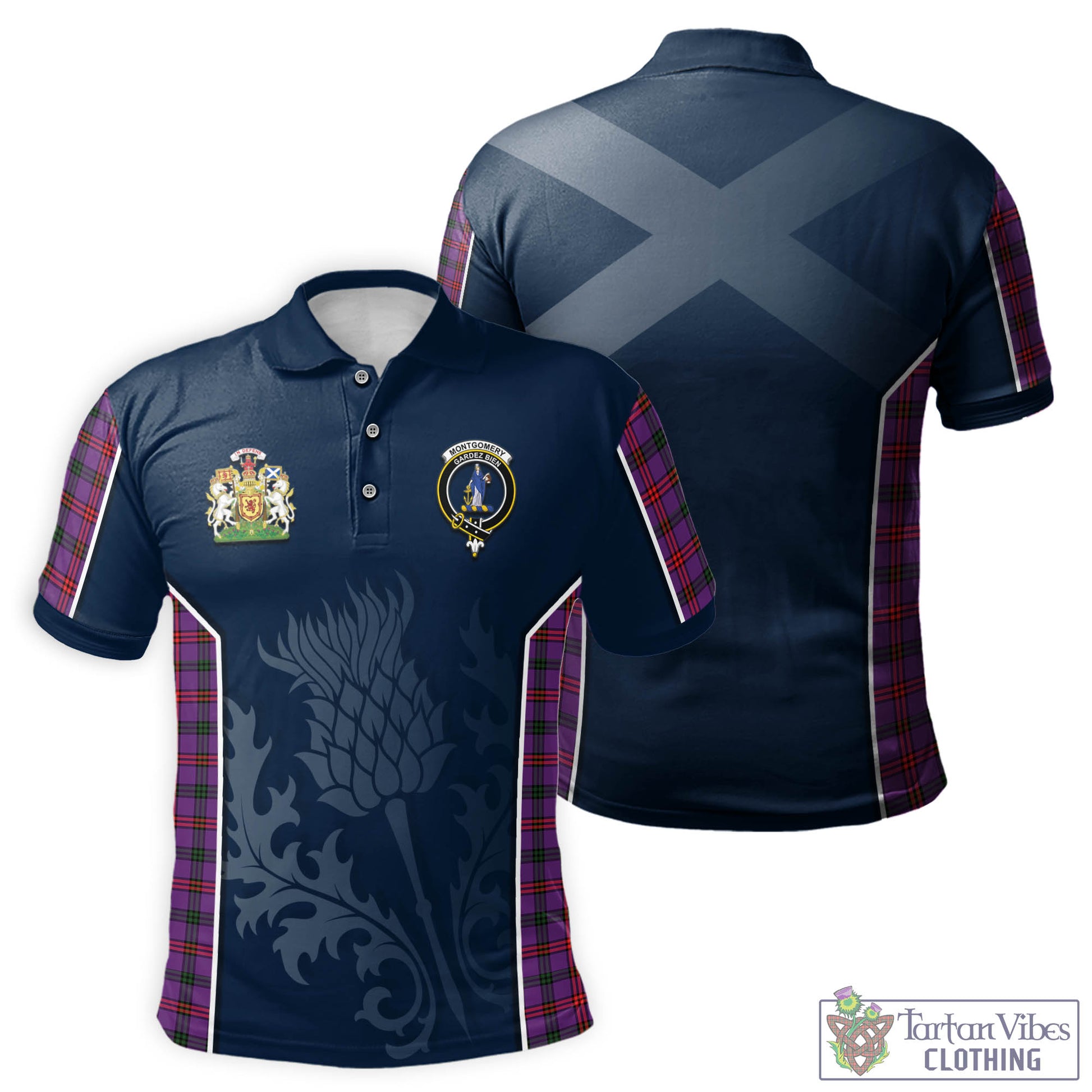 Tartan Vibes Clothing Montgomery Modern Tartan Men's Polo Shirt with Family Crest and Scottish Thistle Vibes Sport Style