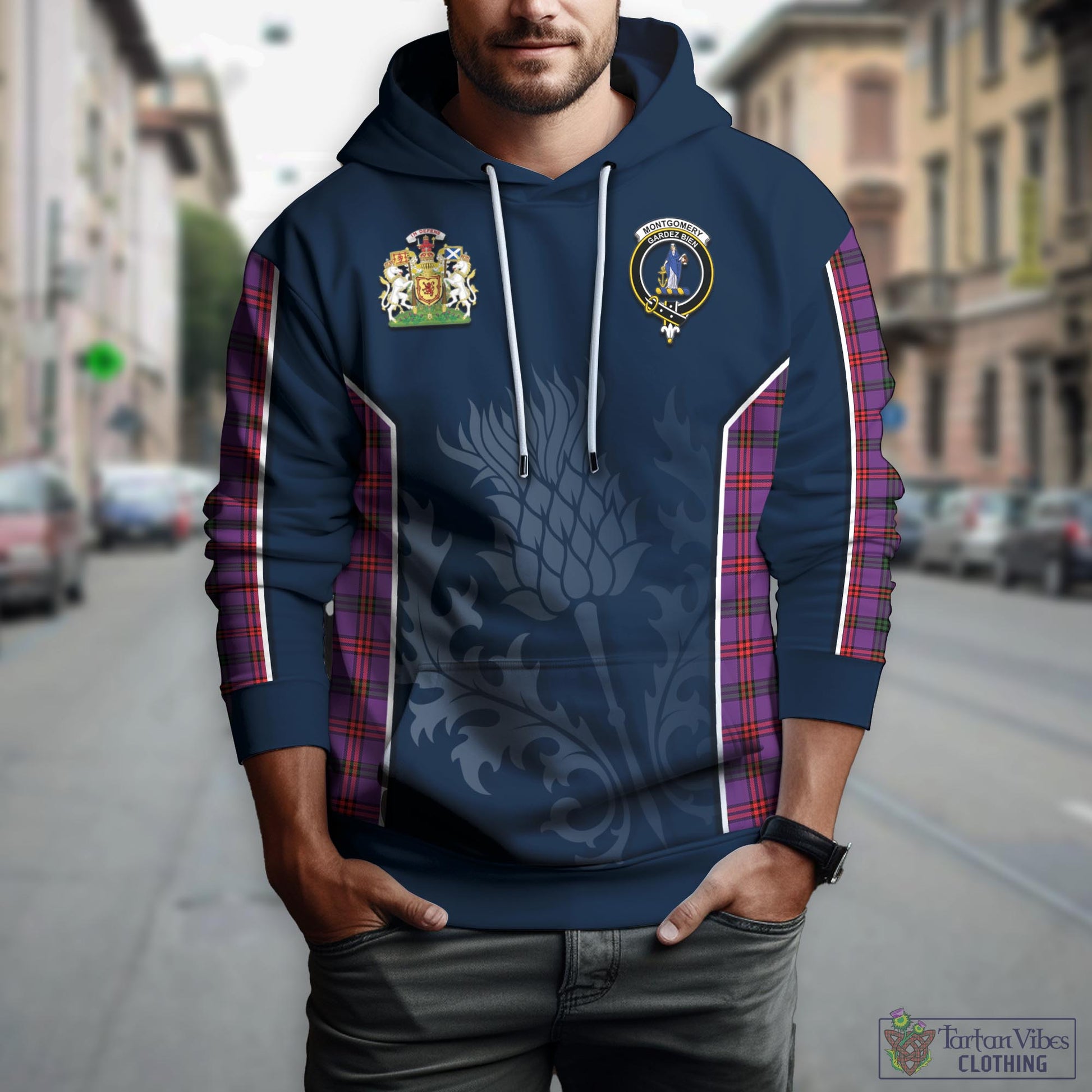 Tartan Vibes Clothing Montgomery Modern Tartan Hoodie with Family Crest and Scottish Thistle Vibes Sport Style