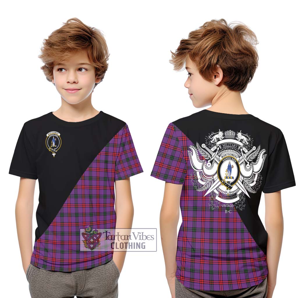 Tartan Vibes Clothing Montgomery Modern Tartan Kid T-Shirt with Family Crest and Military Logo Style