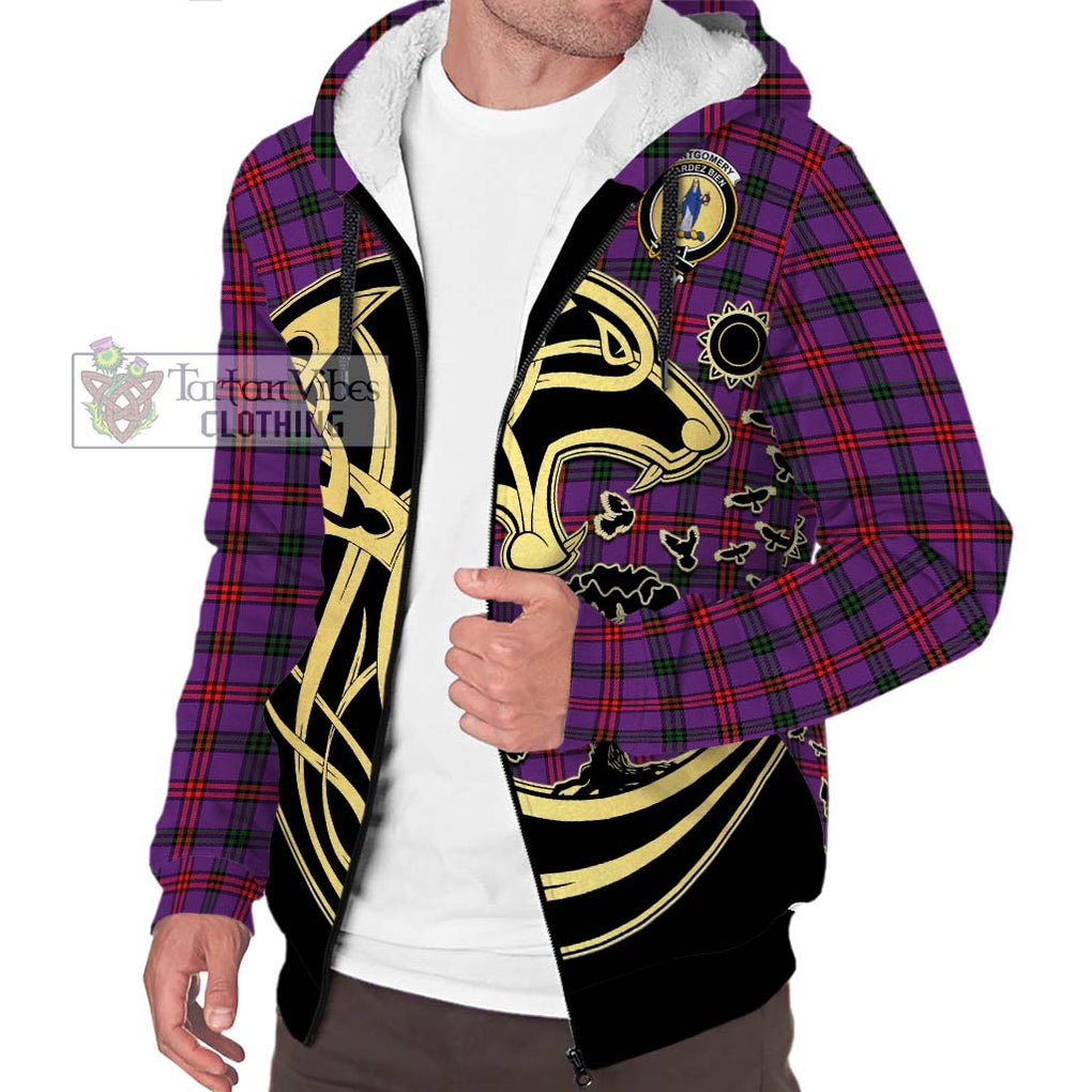 Montgomery Tartan Sherpa Hoodie with Family Crest Celtic Wolf Style Unisex S - Tartan Vibes Clothing