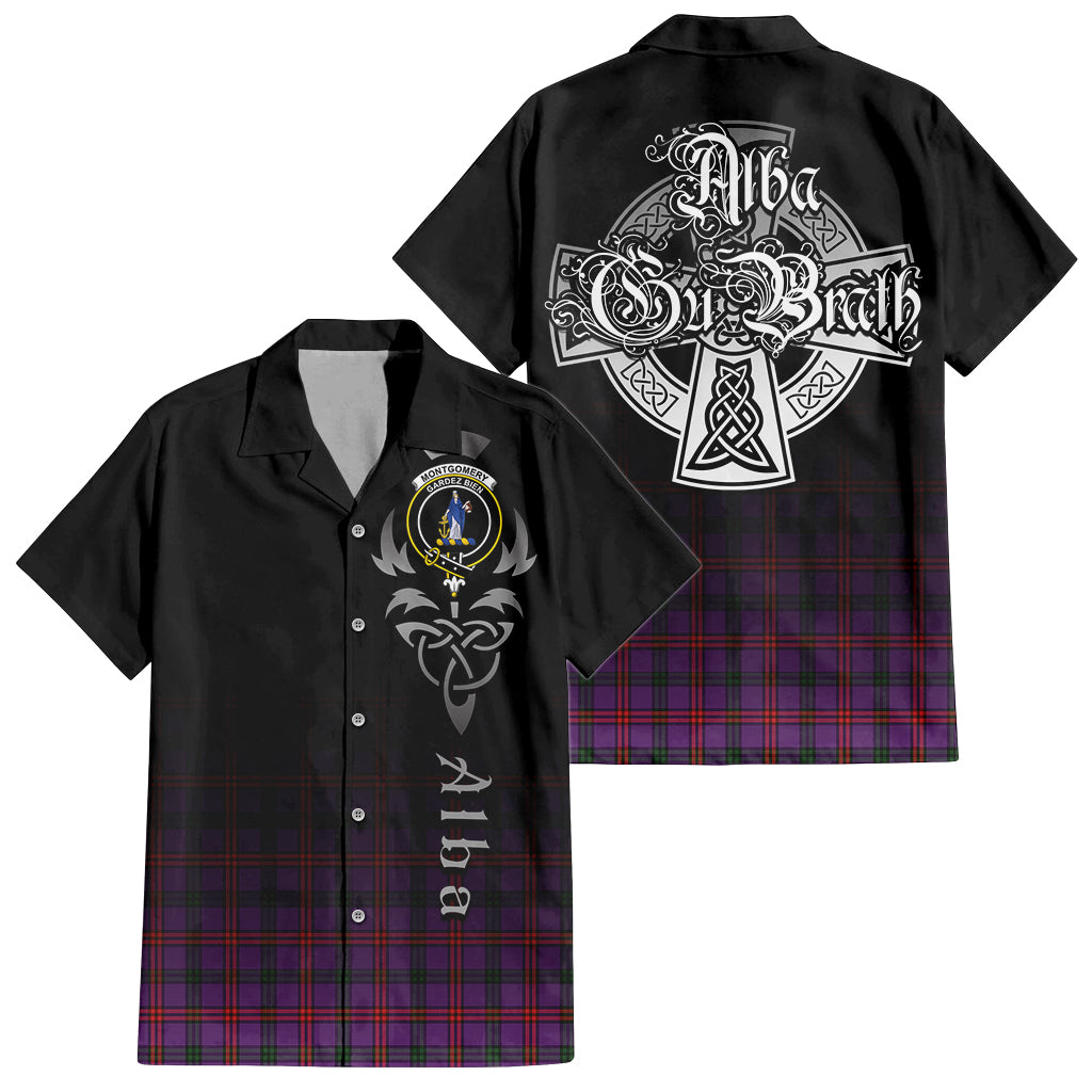 Tartan Vibes Clothing Montgomery Modern Tartan Short Sleeve Button Up Featuring Alba Gu Brath Family Crest Celtic Inspired