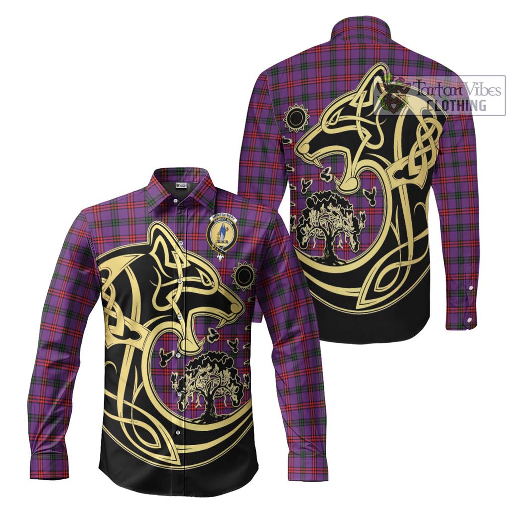 Montgomery Tartan Long Sleeve Button Shirt with Family Crest Celtic Wolf Style Men's Shirt S - Tartan Vibes Clothing