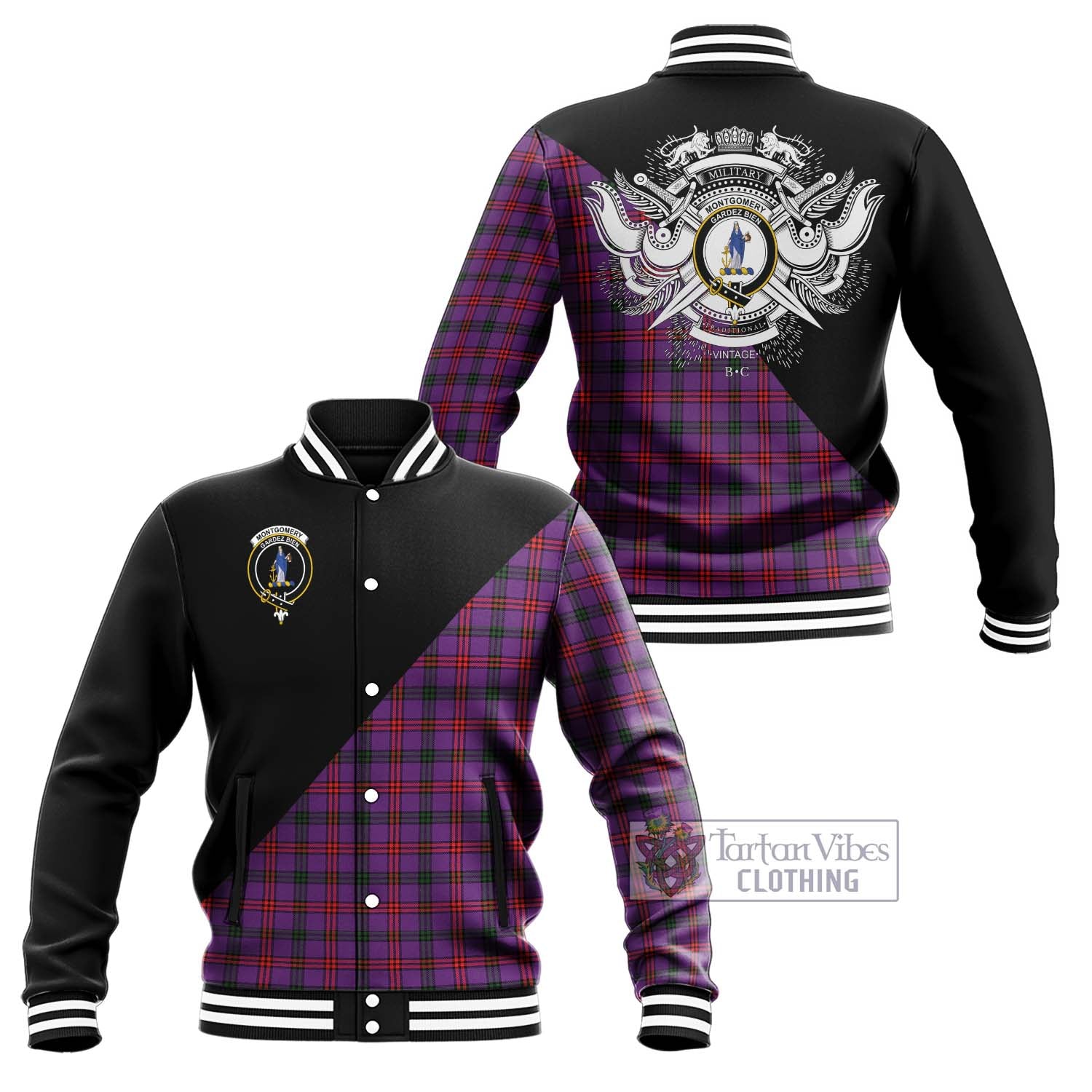 Tartan Vibes Clothing Montgomery Modern Tartan Baseball Jacket with Family Crest and Military Logo Style