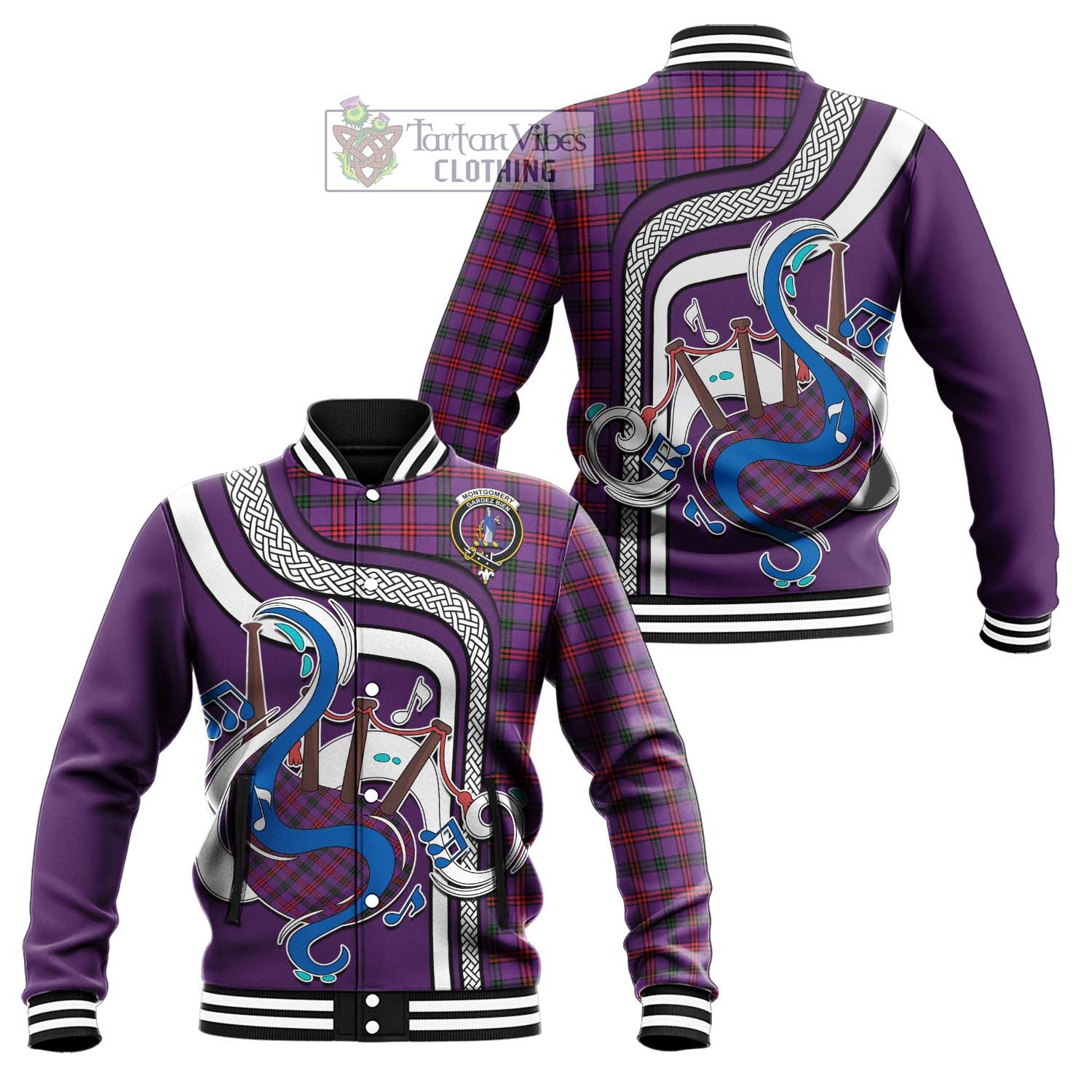 Tartan Vibes Clothing Montgomery Modern Tartan Baseball Jacket with Epic Bagpipe Style