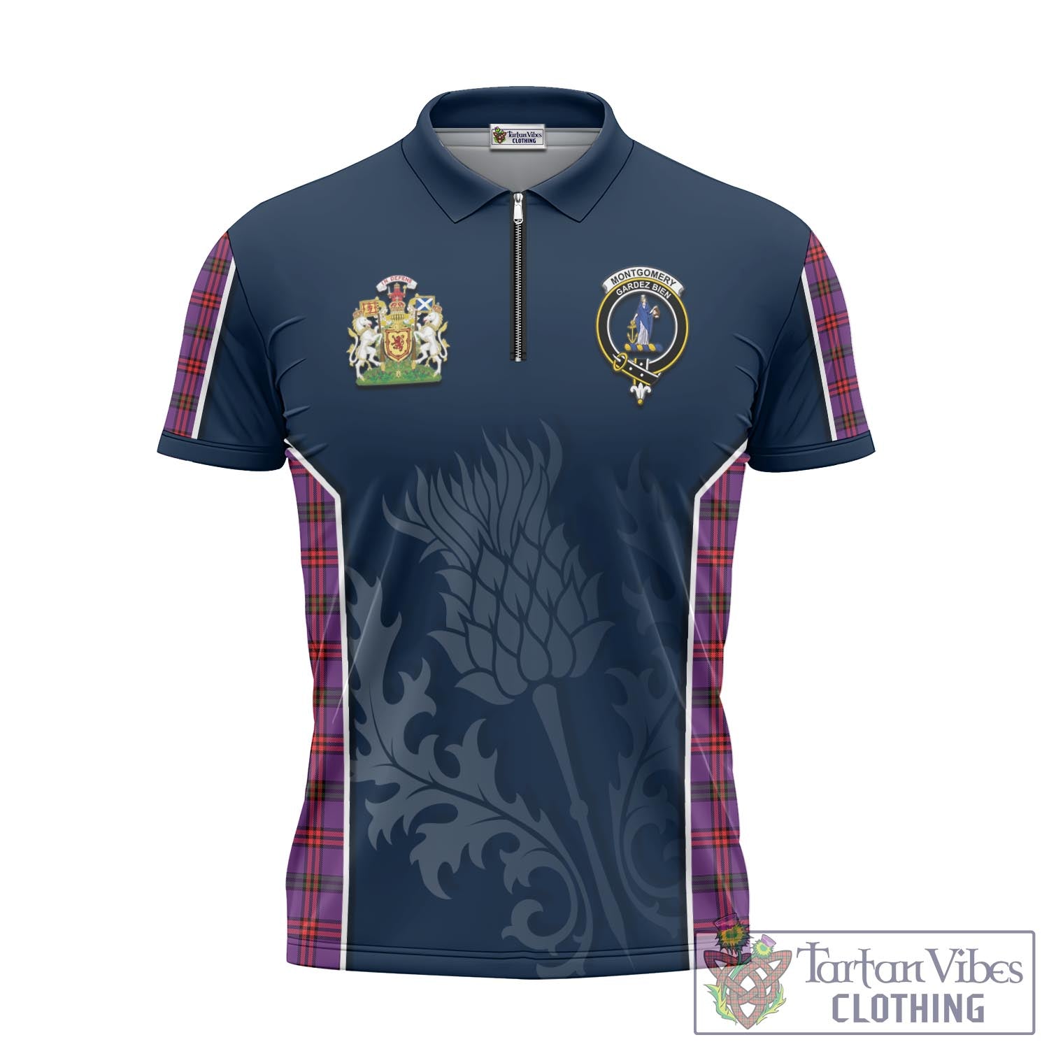 Tartan Vibes Clothing Montgomery Modern Tartan Zipper Polo Shirt with Family Crest and Scottish Thistle Vibes Sport Style