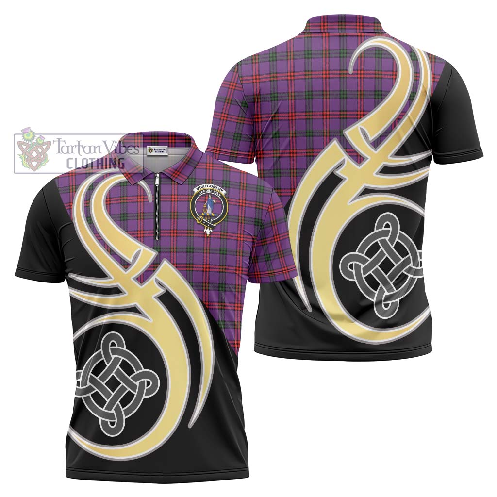 Tartan Vibes Clothing Montgomery Modern Tartan Zipper Polo Shirt with Family Crest and Celtic Symbol Style