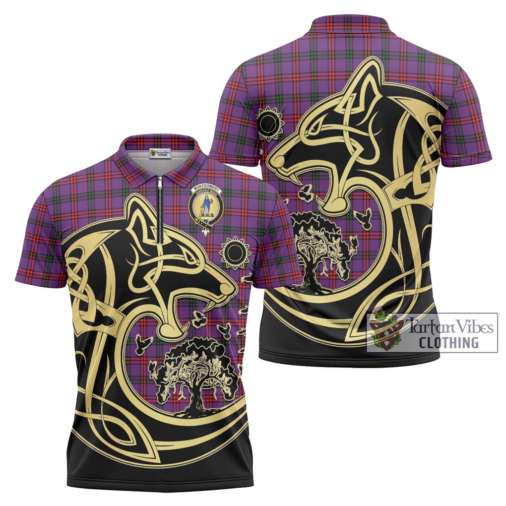 Montgomery Tartan Zipper Polo Shirt with Family Crest Celtic Wolf Style Unisex - Tartanvibesclothing Shop