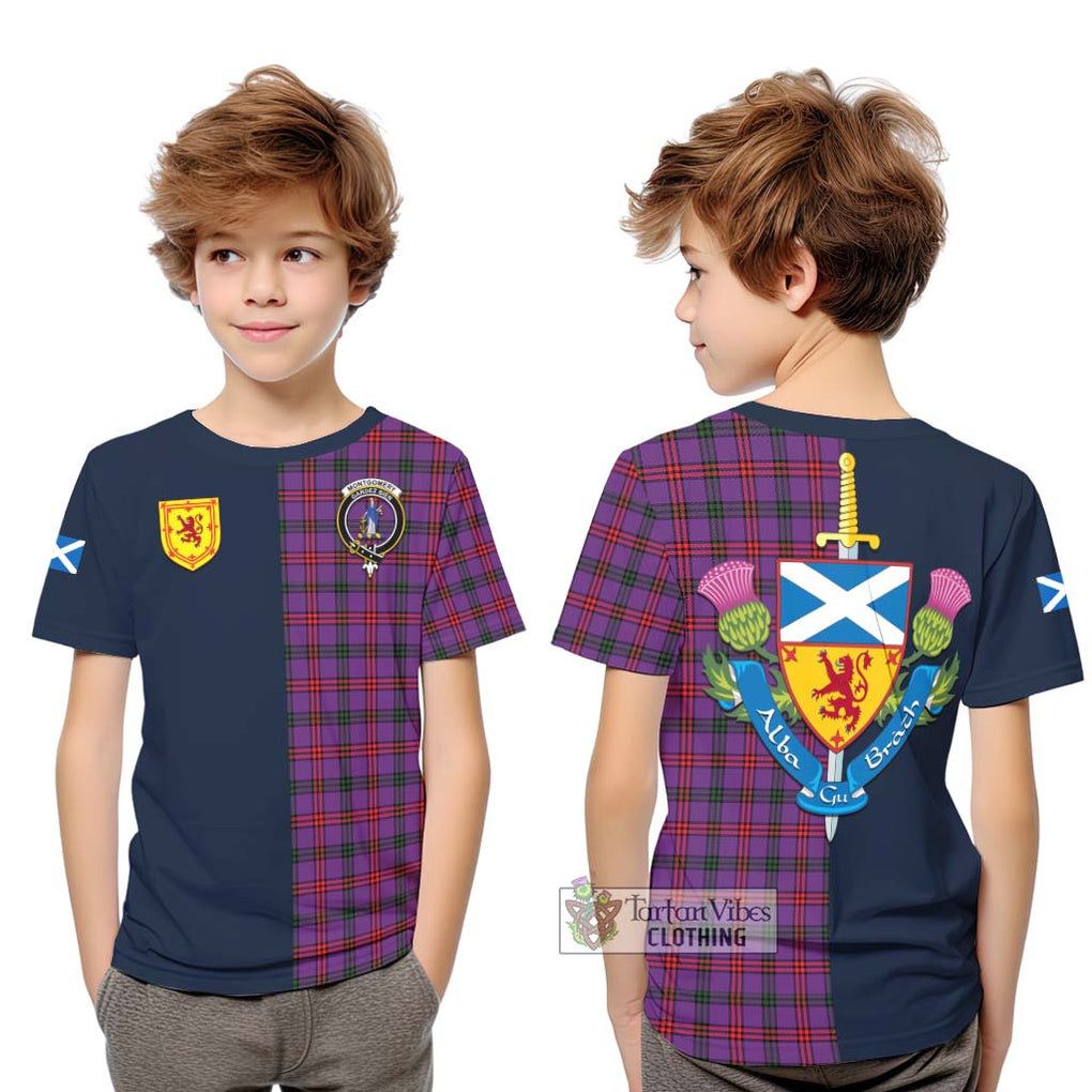 Tartan Vibes Clothing Montgomery Modern Tartan Kid T-Shirt with Scottish Lion Royal Arm Half Style