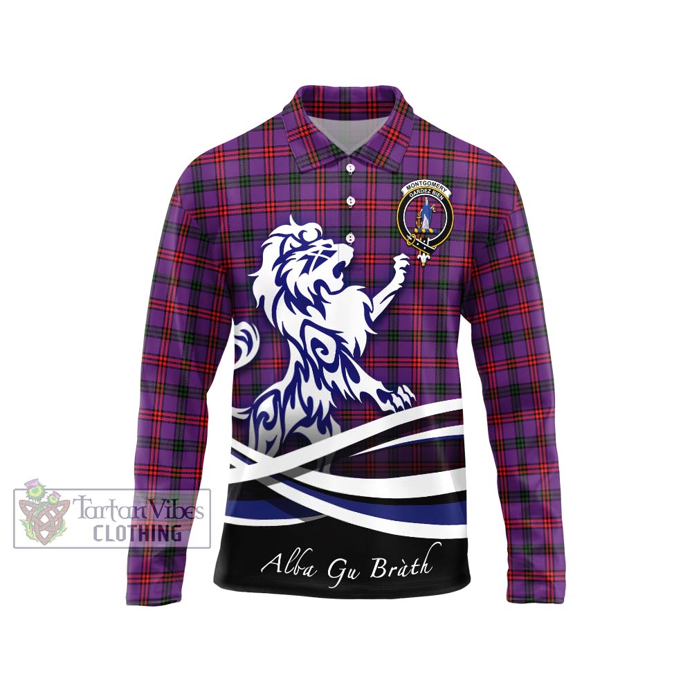 Montgomery Tartan Long Sleeve Polo Shirt with Alba Gu Brath Regal Lion Emblem Unisex - Tartanvibesclothing Shop