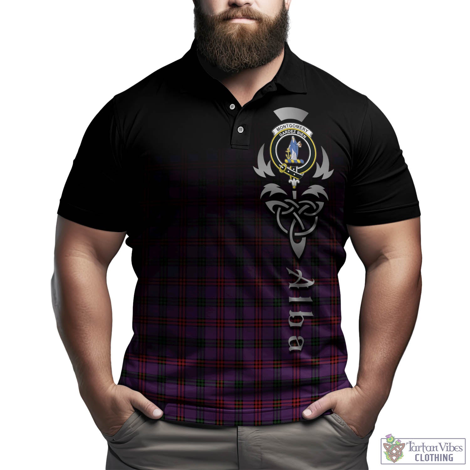 Tartan Vibes Clothing Montgomery Modern Tartan Polo Shirt Featuring Alba Gu Brath Family Crest Celtic Inspired