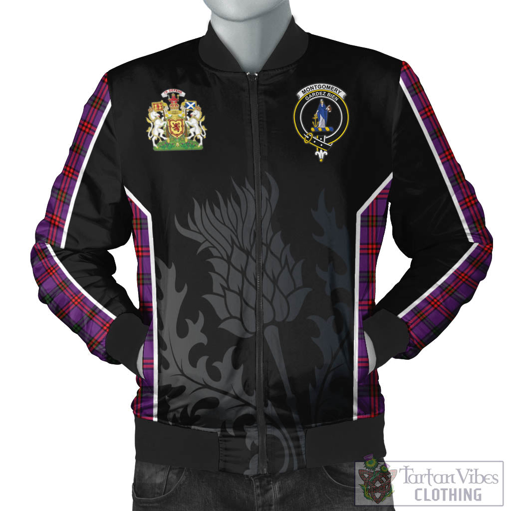 Tartan Vibes Clothing Montgomery Modern Tartan Bomber Jacket with Family Crest and Scottish Thistle Vibes Sport Style