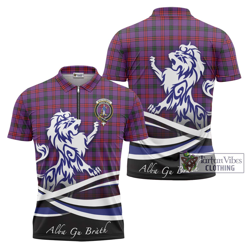 Montgomery Tartan Zipper Polo Shirt with Alba Gu Brath Regal Lion Emblem Unisex - Tartanvibesclothing Shop