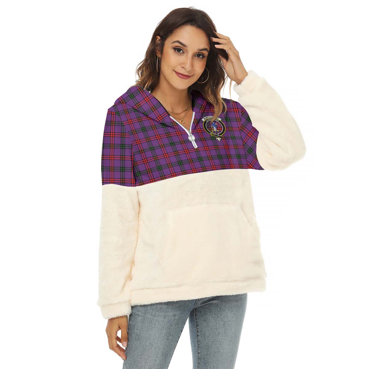 Montgomery Tartan Women's Borg Fleece Hoodie With Half Zip with Family Crest Female - Tartan Vibes Clothing