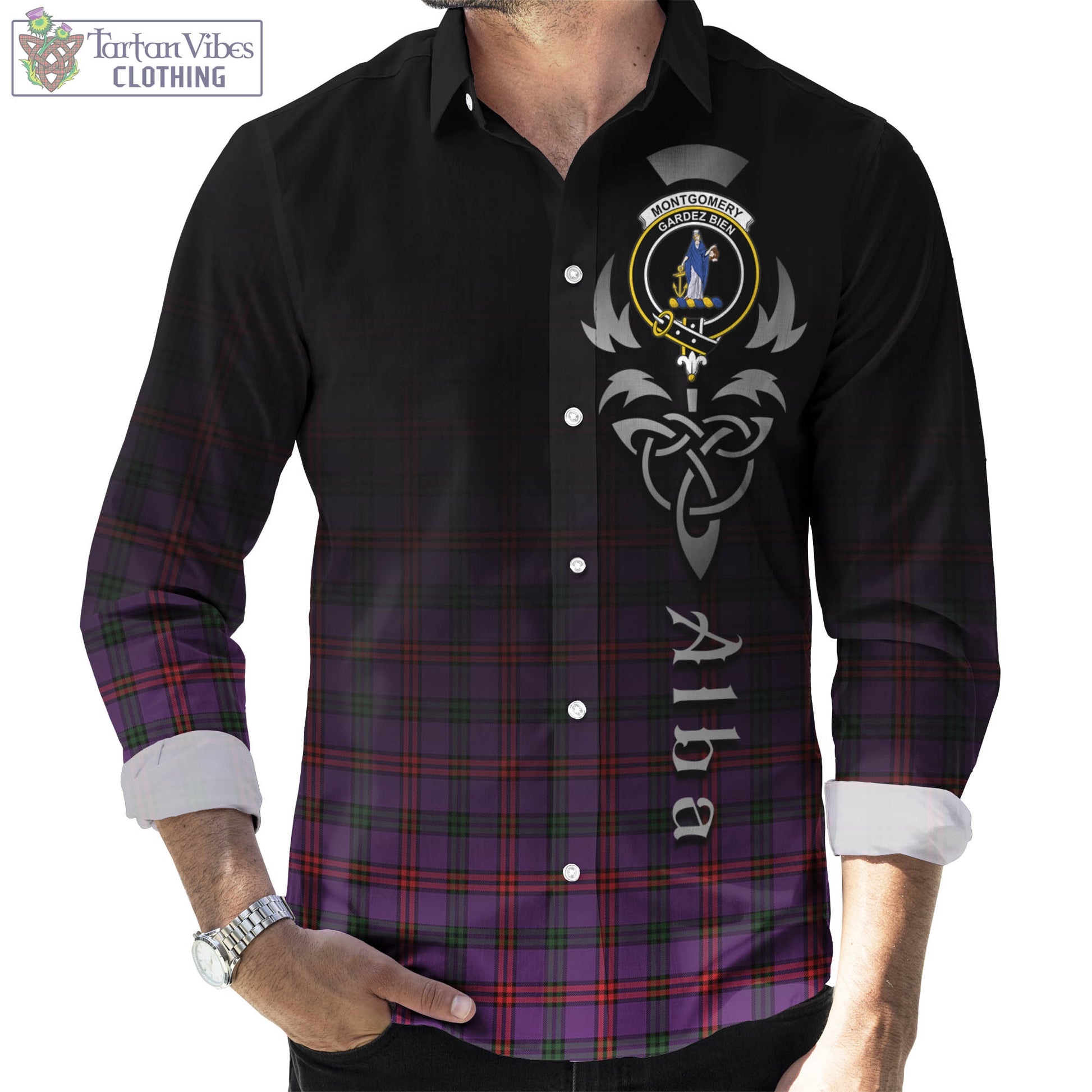 Tartan Vibes Clothing Montgomery Modern Tartan Long Sleeve Button Up Featuring Alba Gu Brath Family Crest Celtic Inspired