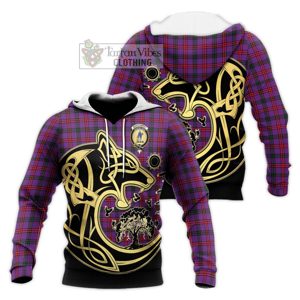 Montgomery Tartan Knitted Hoodie with Family Crest Celtic Wolf Style Unisex Knitted Pullover Hoodie - Tartan Vibes Clothing