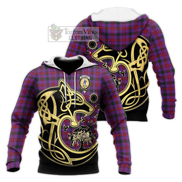 Montgomery Tartan Knitted Hoodie with Family Crest Celtic Wolf Style