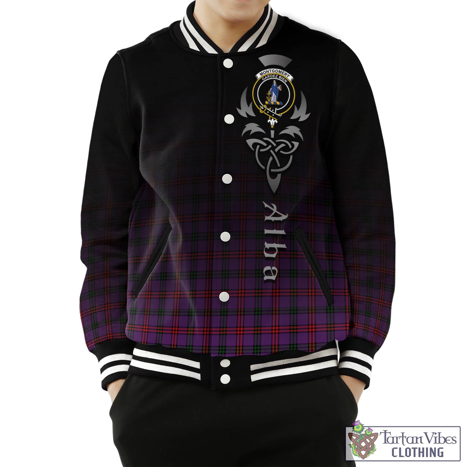 Tartan Vibes Clothing Montgomery Modern Tartan Baseball Jacket Featuring Alba Gu Brath Family Crest Celtic Inspired