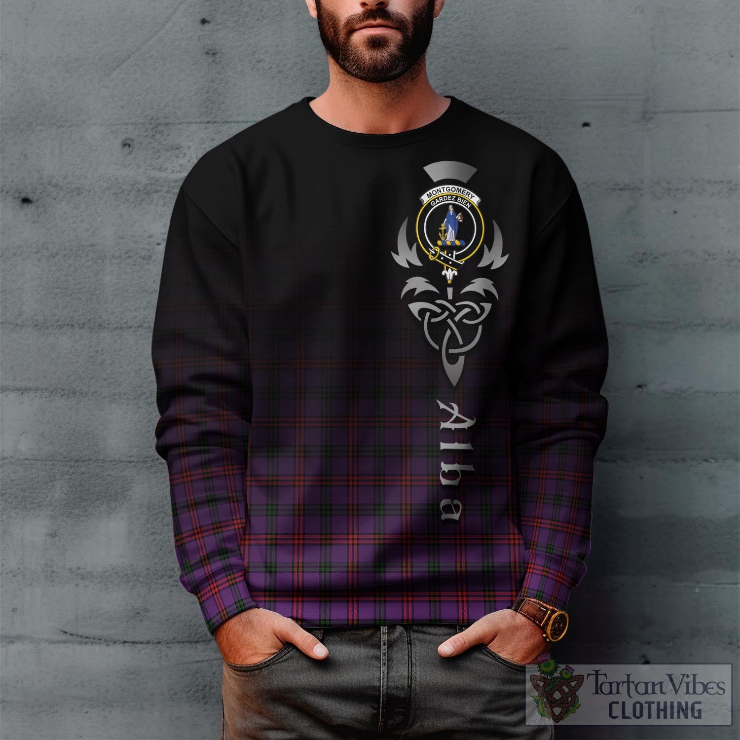 Tartan Vibes Clothing Montgomery Modern Tartan Sweatshirt Featuring Alba Gu Brath Family Crest Celtic Inspired