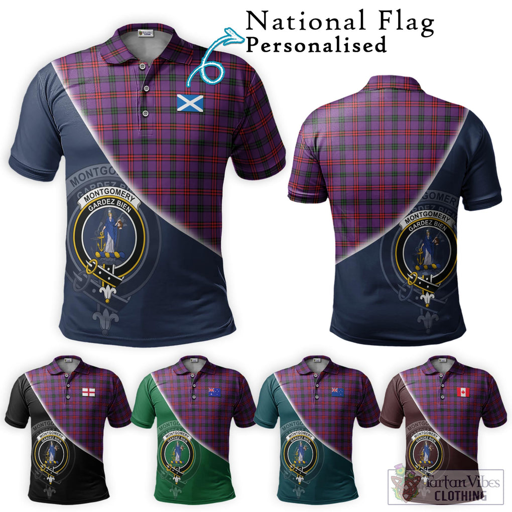 Montgomery Tartan Polo Shirt with Personalised National Flag and Family Crest Half Style Maroon - Tartanvibesclothing Shop