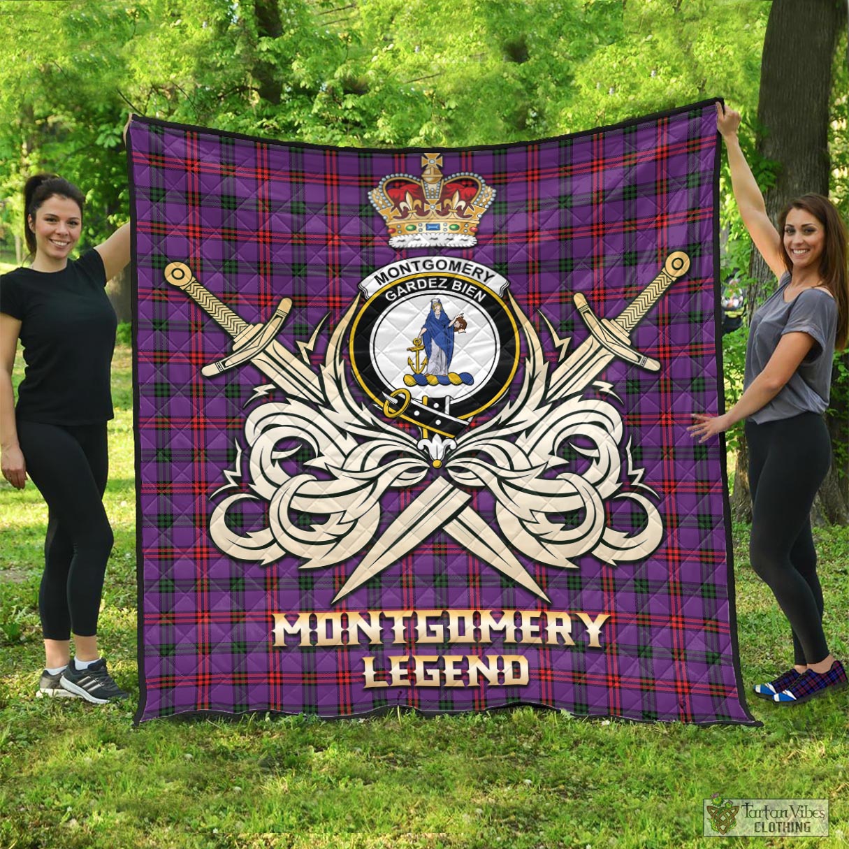 Tartan Vibes Clothing Montgomery Modern Tartan Quilt with Clan Crest and the Golden Sword of Courageous Legacy