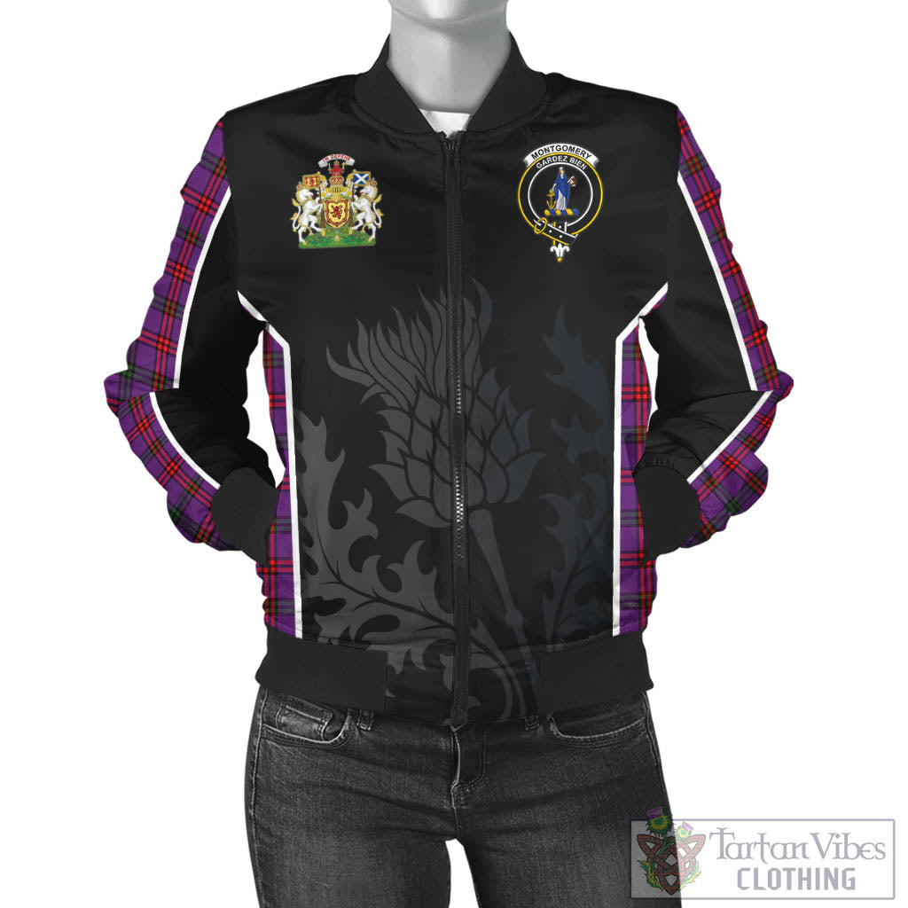 Tartan Vibes Clothing Montgomery Modern Tartan Bomber Jacket with Family Crest and Scottish Thistle Vibes Sport Style