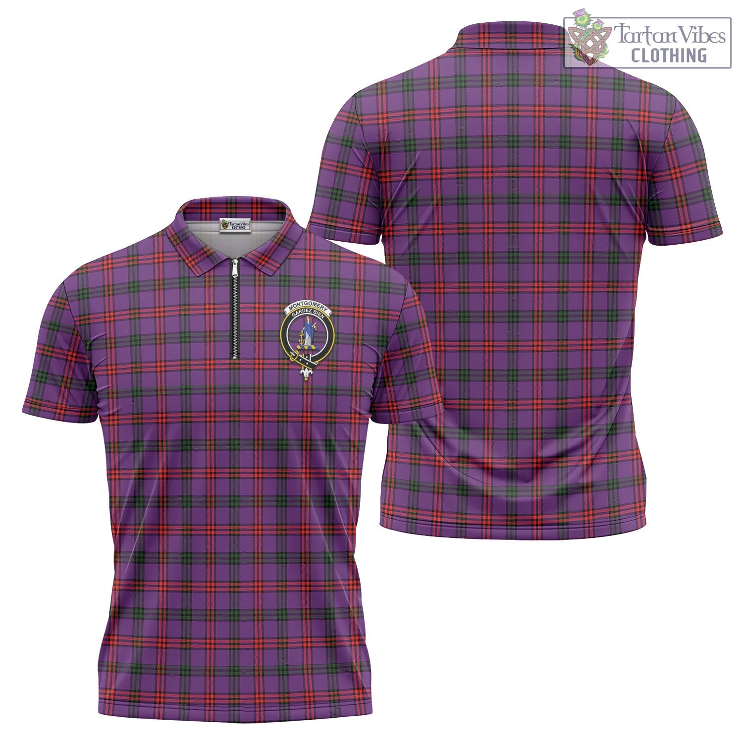 Tartan Vibes Clothing Montgomery Modern Tartan Zipper Polo Shirt with Family Crest