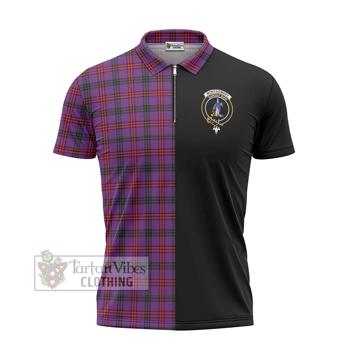 Tartan Vibes Clothing Montgomery Modern Tartan Zipper Polo Shirt with Family Crest and Half Of Me Style