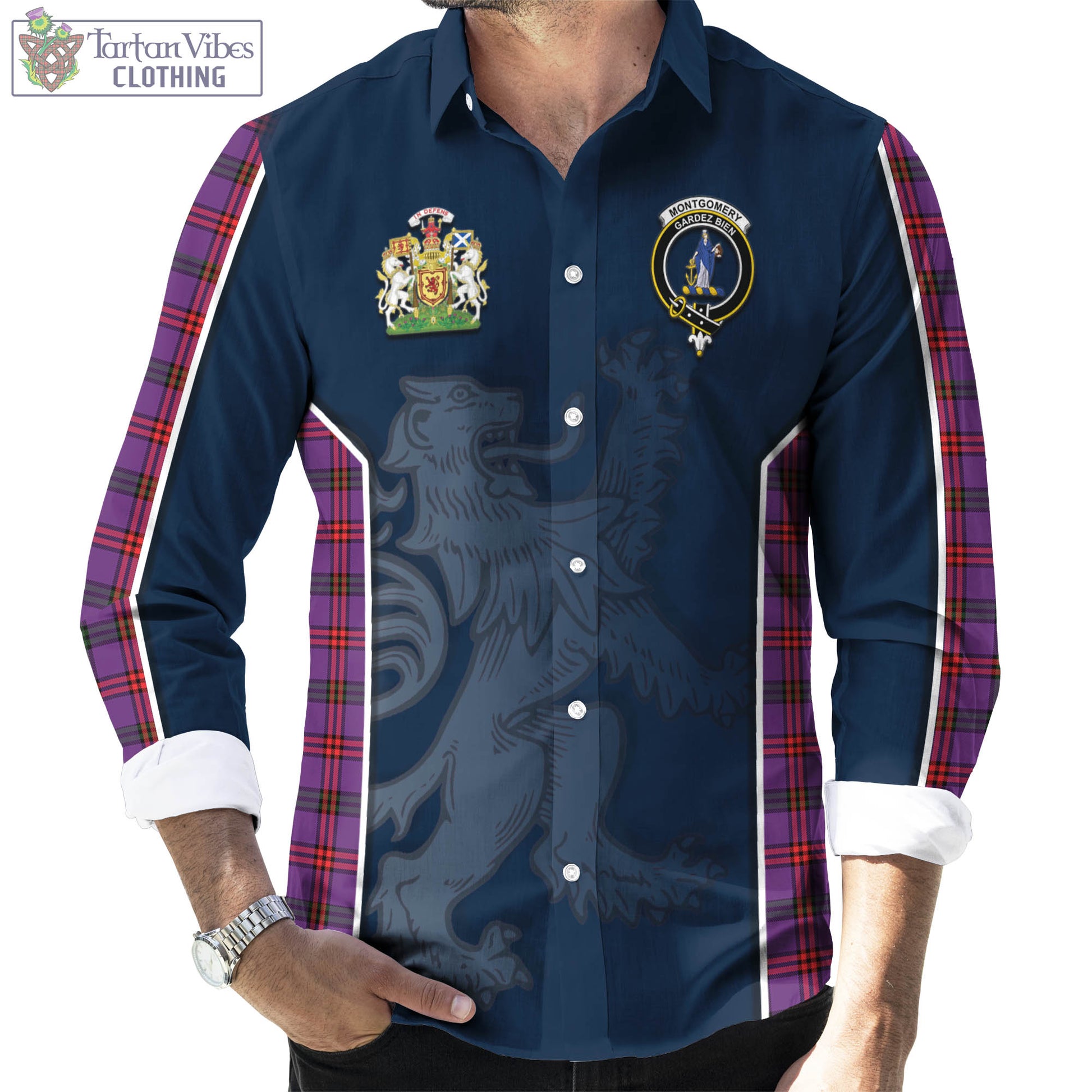 Tartan Vibes Clothing Montgomery Modern Tartan Long Sleeve Button Up Shirt with Family Crest and Lion Rampant Vibes Sport Style