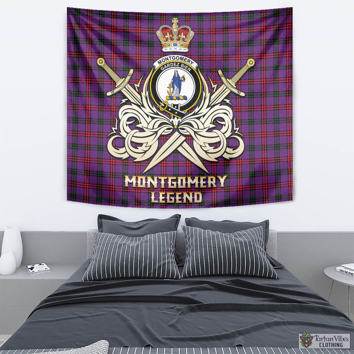 Tartan Vibes Clothing Montgomery Modern Tartan Tapestry with Clan Crest and the Golden Sword of Courageous Legacy