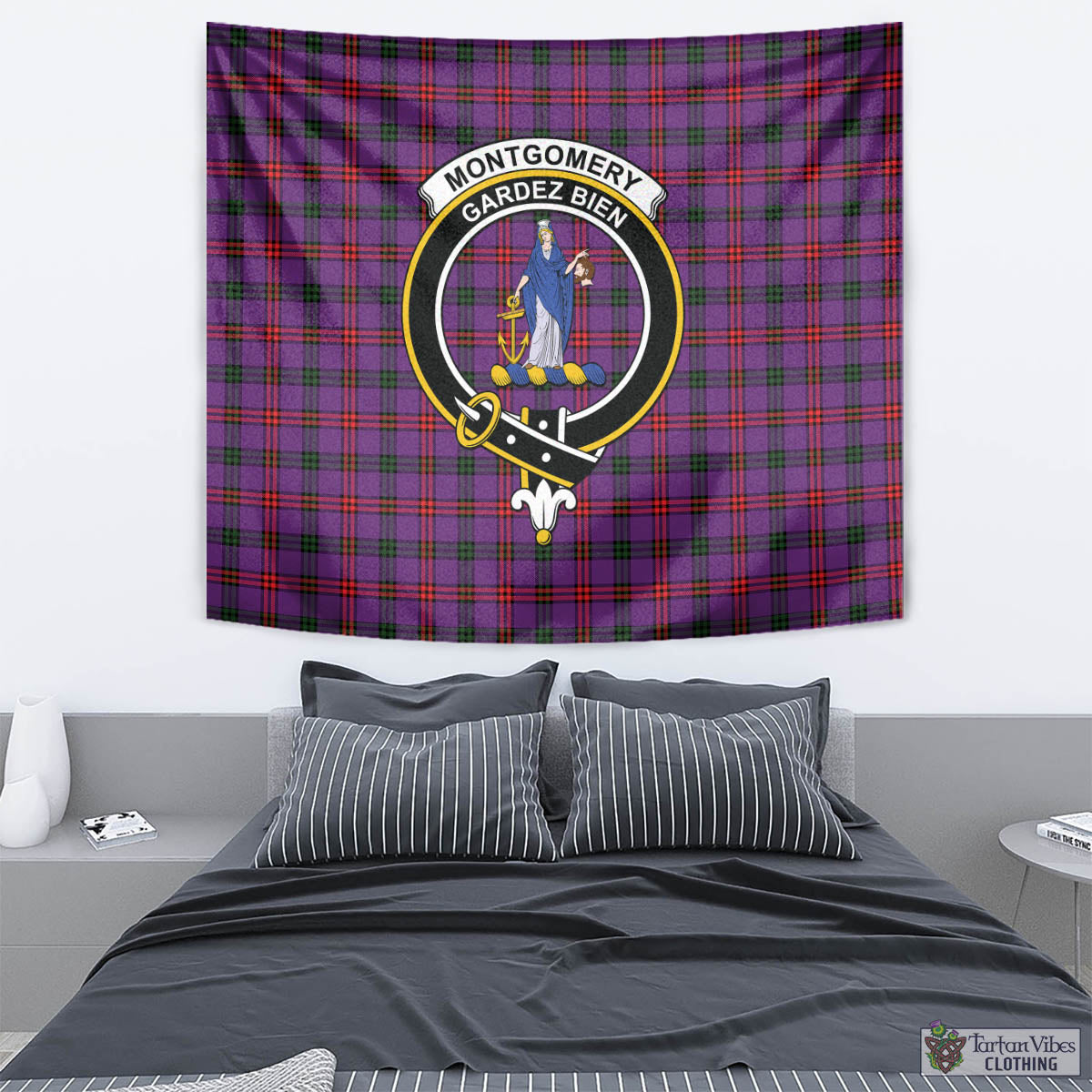 Tartan Vibes Clothing Montgomery Modern Tartan Tapestry Wall Hanging and Home Decor for Room with Family Crest