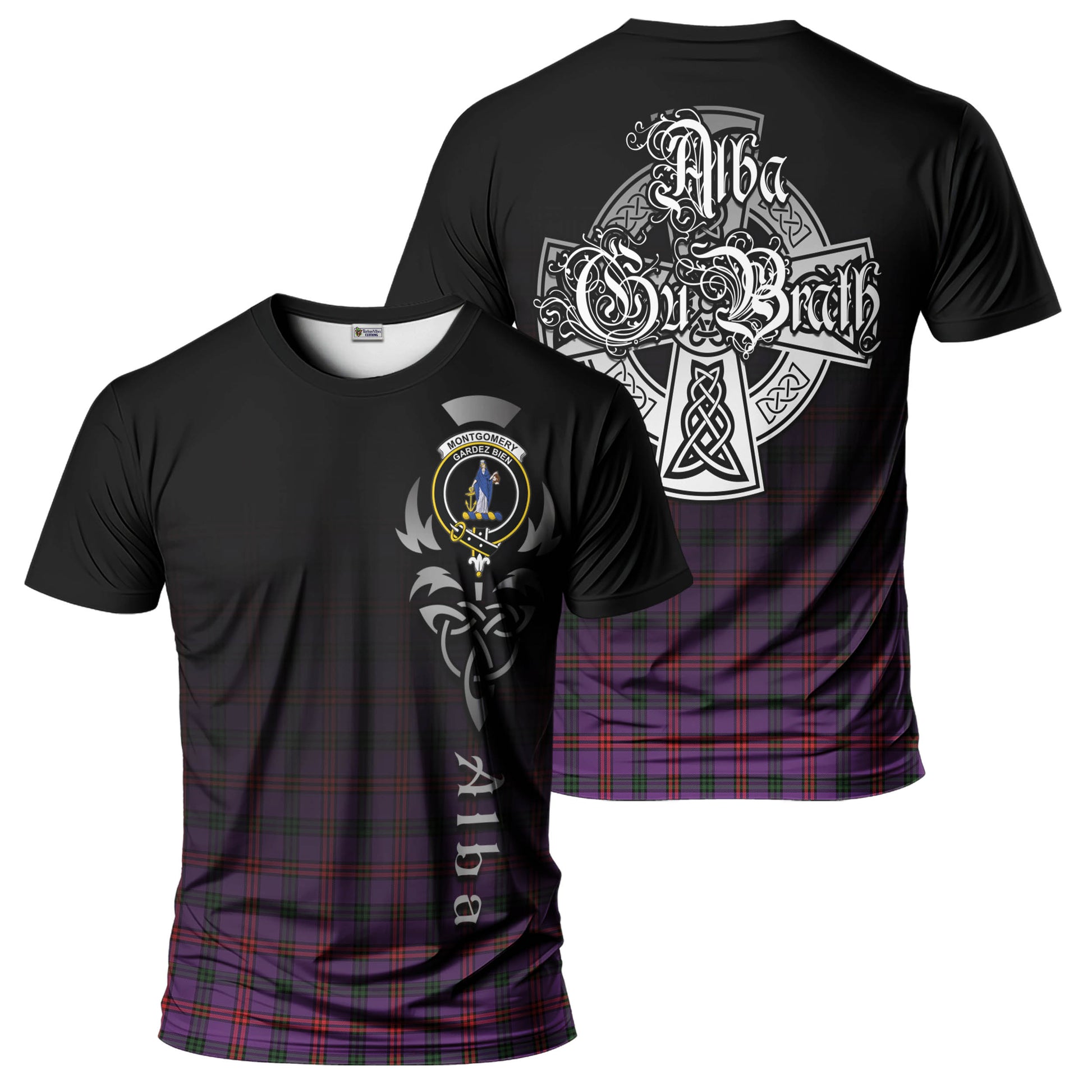 Tartan Vibes Clothing Montgomery Modern Tartan T-Shirt Featuring Alba Gu Brath Family Crest Celtic Inspired