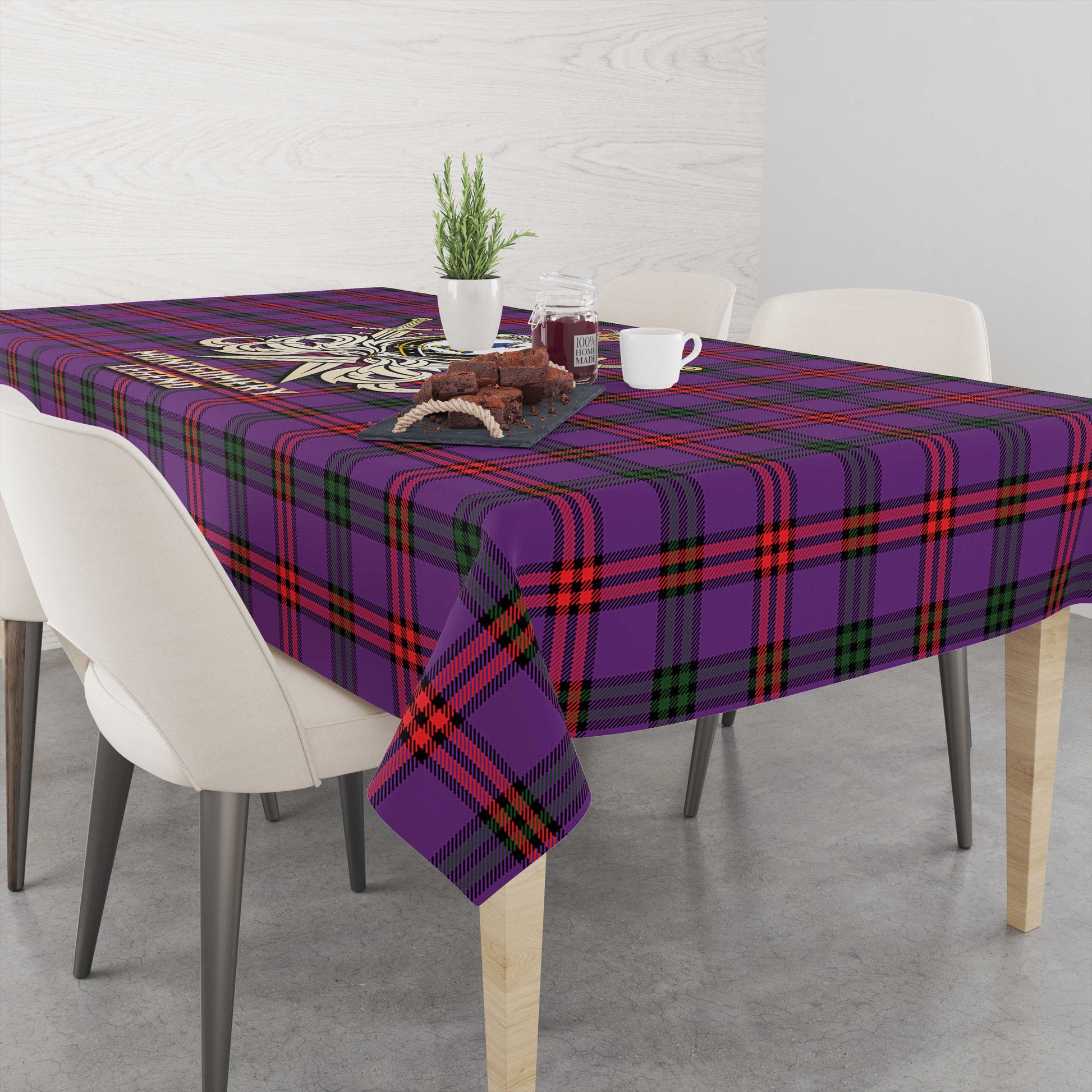 Tartan Vibes Clothing Montgomery Modern Tartan Tablecloth with Clan Crest and the Golden Sword of Courageous Legacy