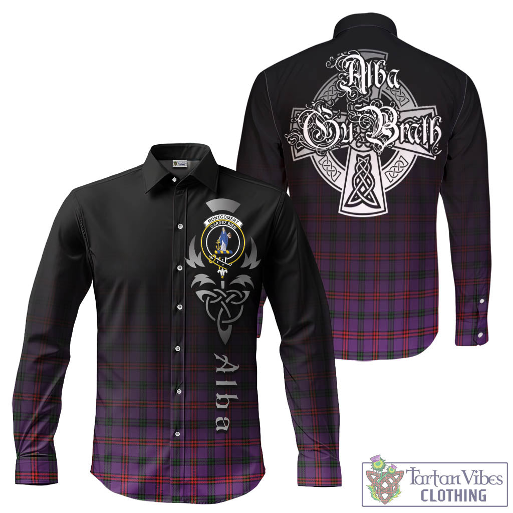 Tartan Vibes Clothing Montgomery Modern Tartan Long Sleeve Button Up Featuring Alba Gu Brath Family Crest Celtic Inspired