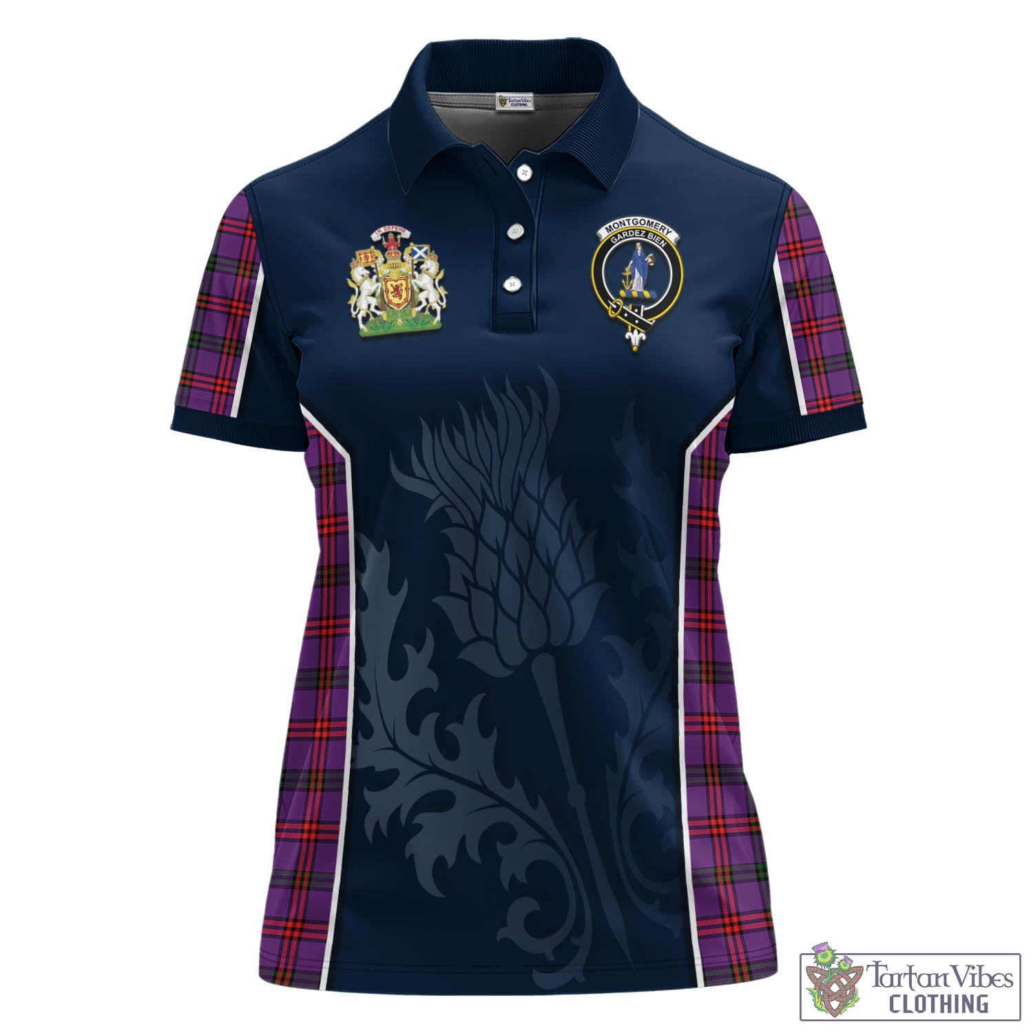 Tartan Vibes Clothing Montgomery Modern Tartan Women's Polo Shirt with Family Crest and Scottish Thistle Vibes Sport Style