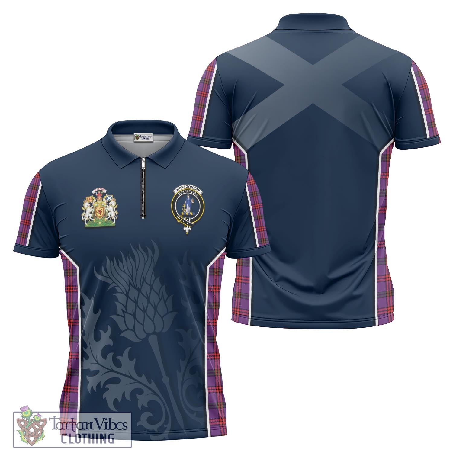 Tartan Vibes Clothing Montgomery Modern Tartan Zipper Polo Shirt with Family Crest and Scottish Thistle Vibes Sport Style