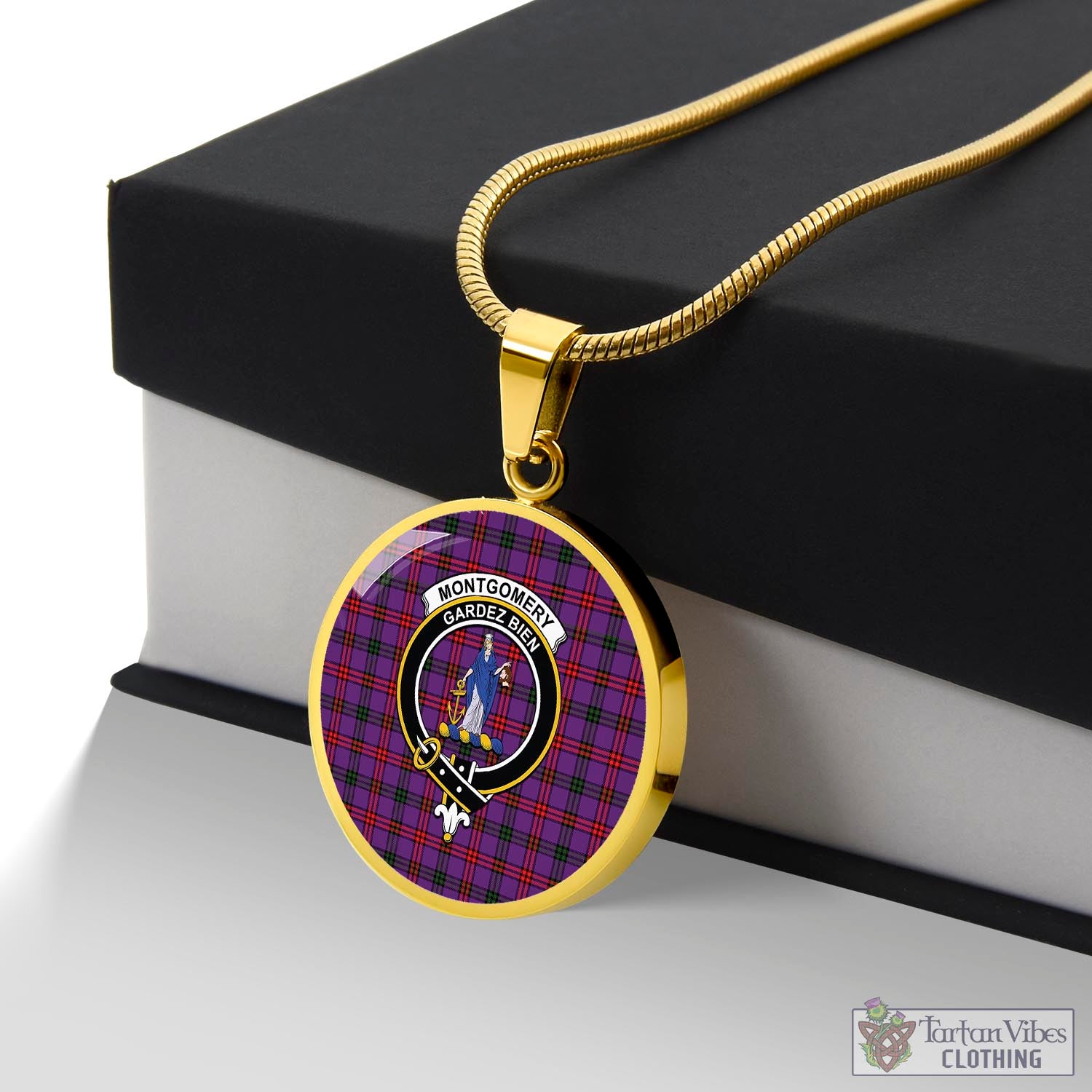 Tartan Vibes Clothing Montgomery Modern Tartan Circle Necklace with Family Crest