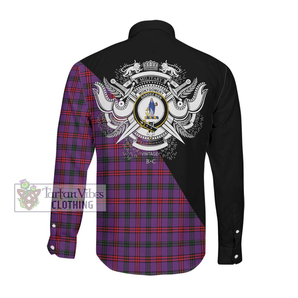 Montgomery Tartan Long Sleeve Button Shirt with Family Crest and Military Logo Style Men's Shirt - Tartanvibesclothing Shop