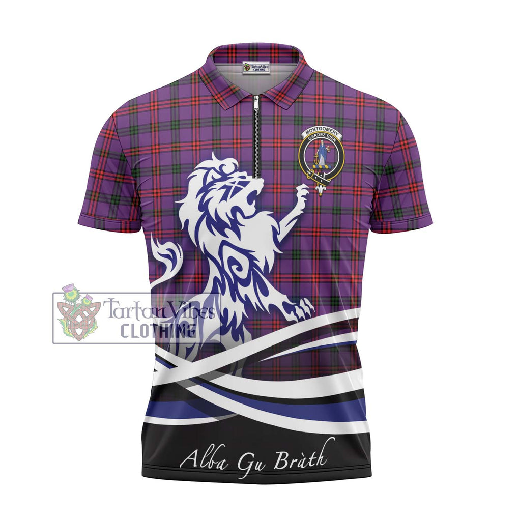 Montgomery Tartan Zipper Polo Shirt with Alba Gu Brath Regal Lion Emblem - Tartanvibesclothing Shop