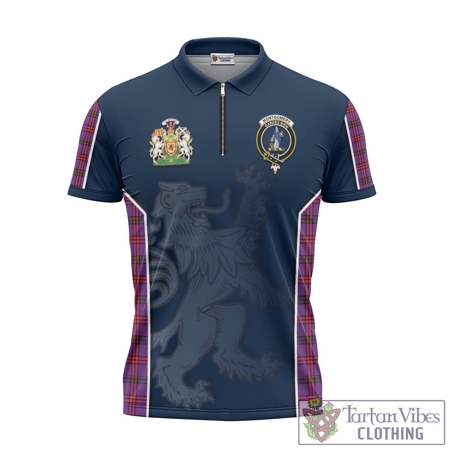 Tartan Vibes Clothing Montgomery Modern Tartan Zipper Polo Shirt with Family Crest and Lion Rampant Vibes Sport Style