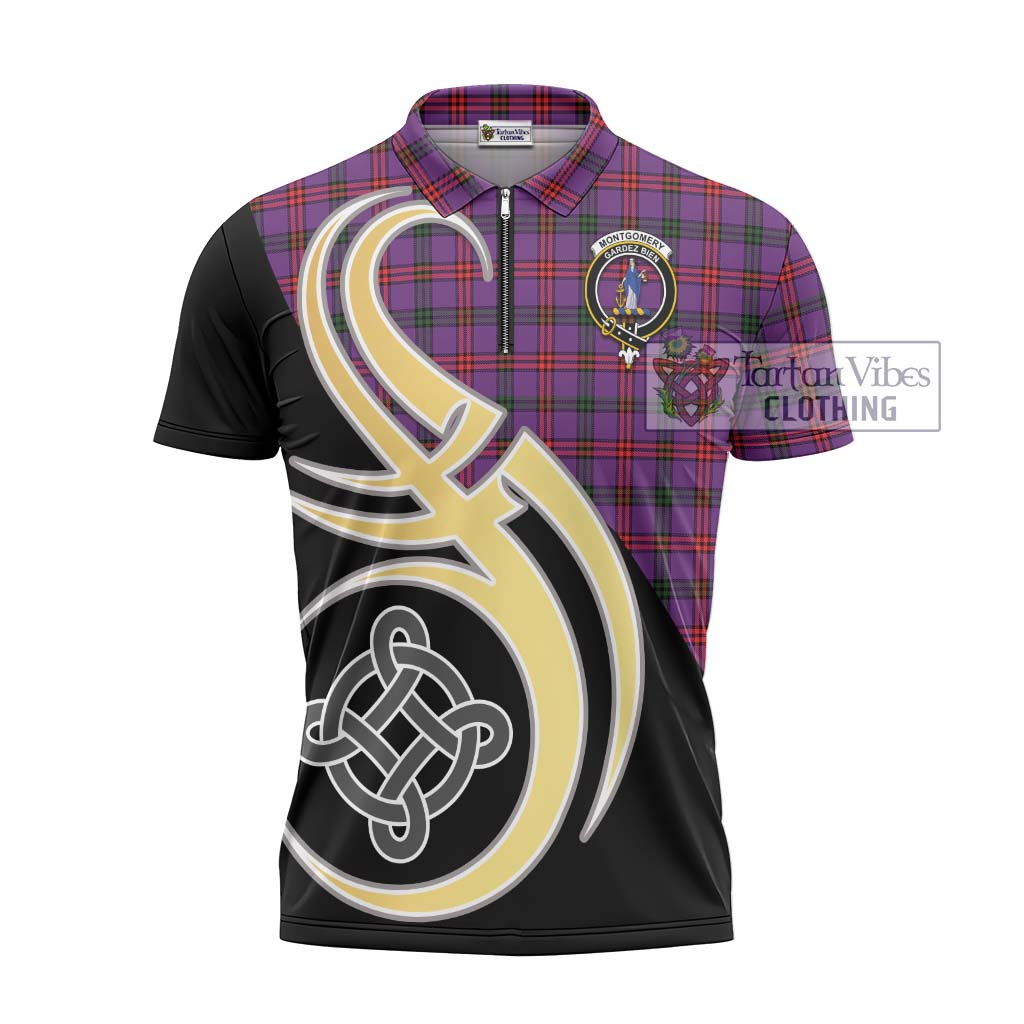 Tartan Vibes Clothing Montgomery Modern Tartan Zipper Polo Shirt with Family Crest and Celtic Symbol Style