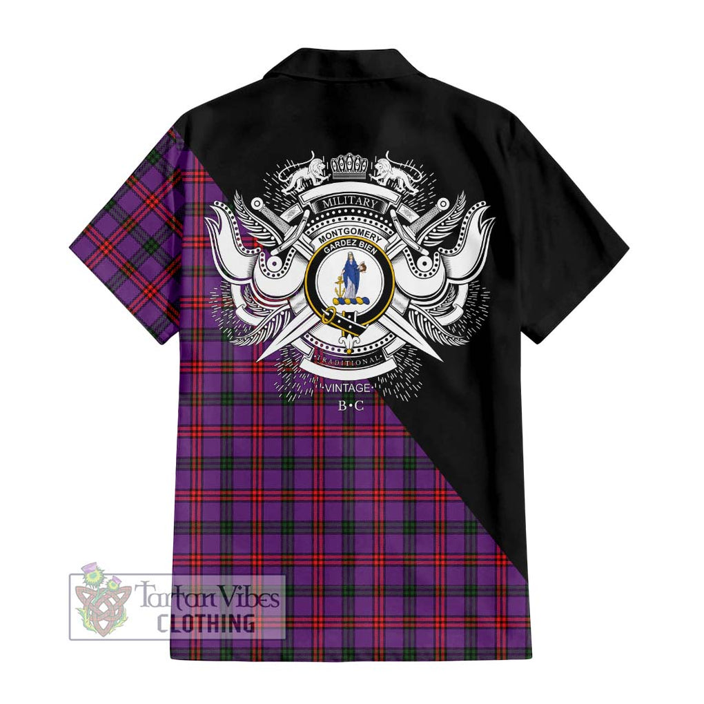 Montgomery Tartan Short Sleeve Button Shirt with Family Crest and Military Logo Style - Tartanvibesclothing Shop