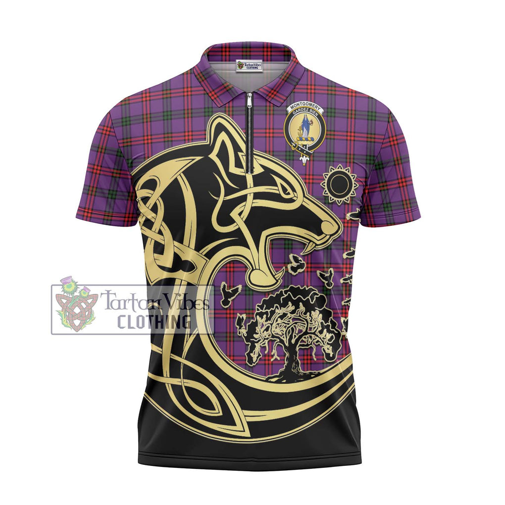 Montgomery Tartan Zipper Polo Shirt with Family Crest Celtic Wolf Style - Tartanvibesclothing Shop