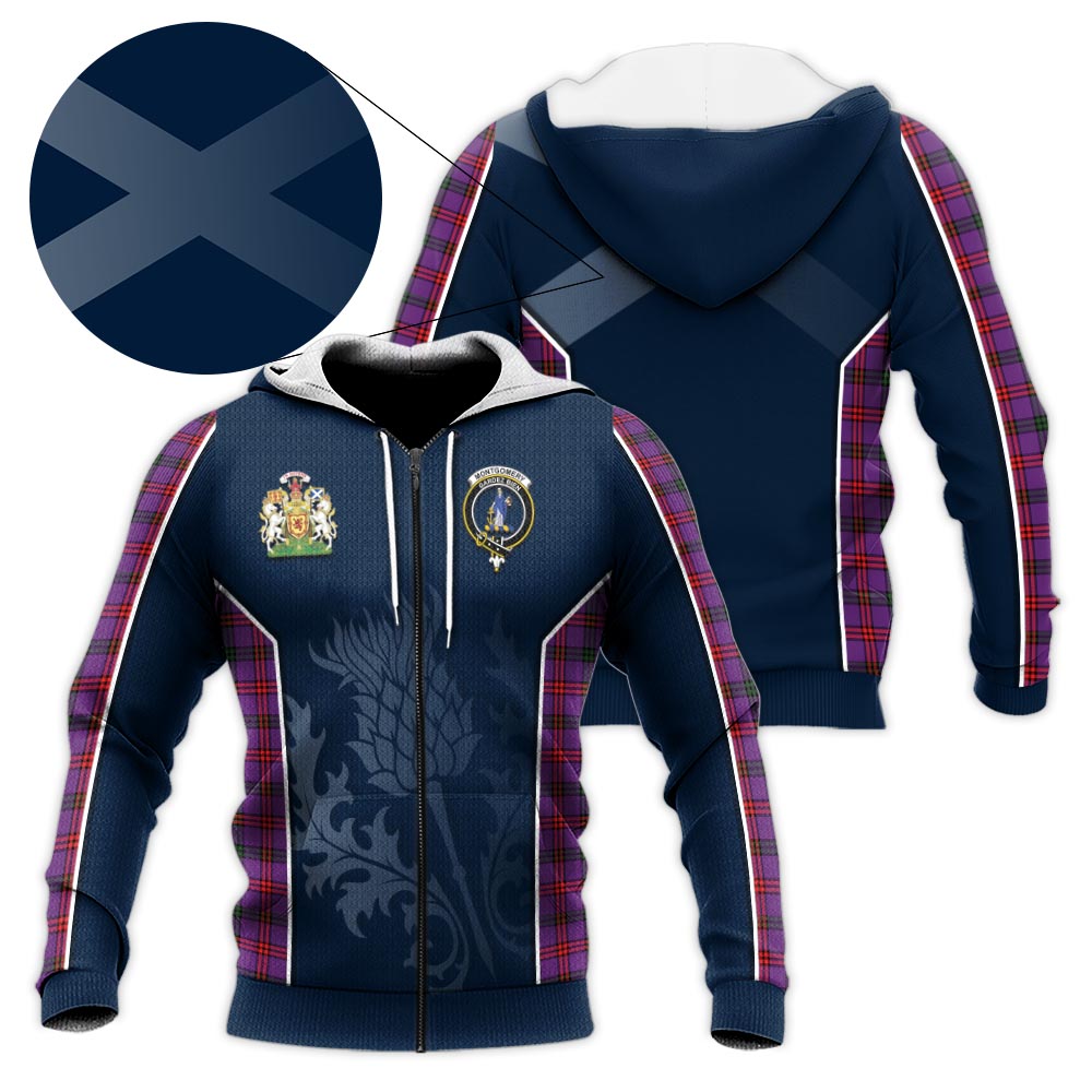 Tartan Vibes Clothing Montgomery Modern Tartan Knitted Hoodie with Family Crest and Scottish Thistle Vibes Sport Style