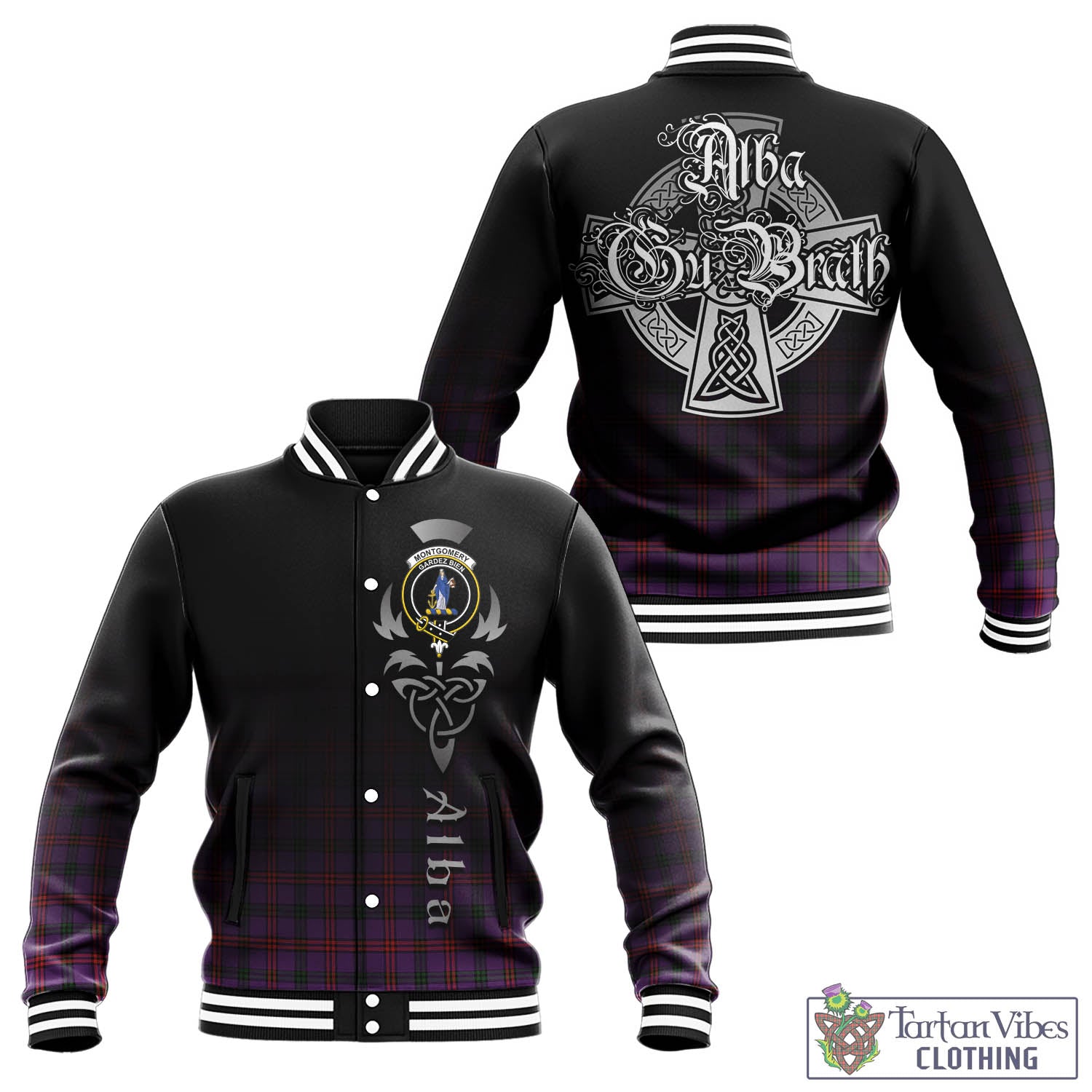 Tartan Vibes Clothing Montgomery Modern Tartan Baseball Jacket Featuring Alba Gu Brath Family Crest Celtic Inspired