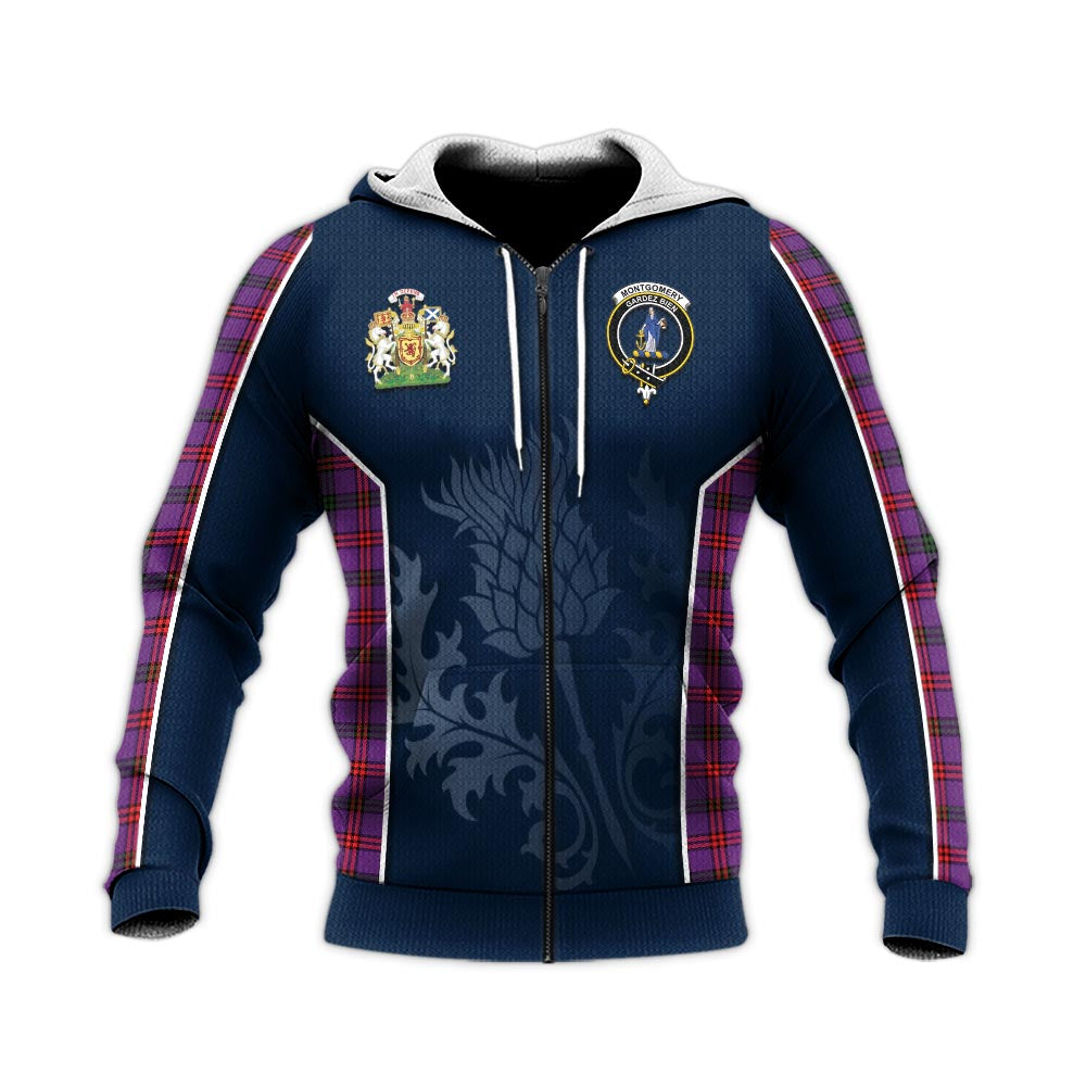 Tartan Vibes Clothing Montgomery Modern Tartan Knitted Hoodie with Family Crest and Scottish Thistle Vibes Sport Style