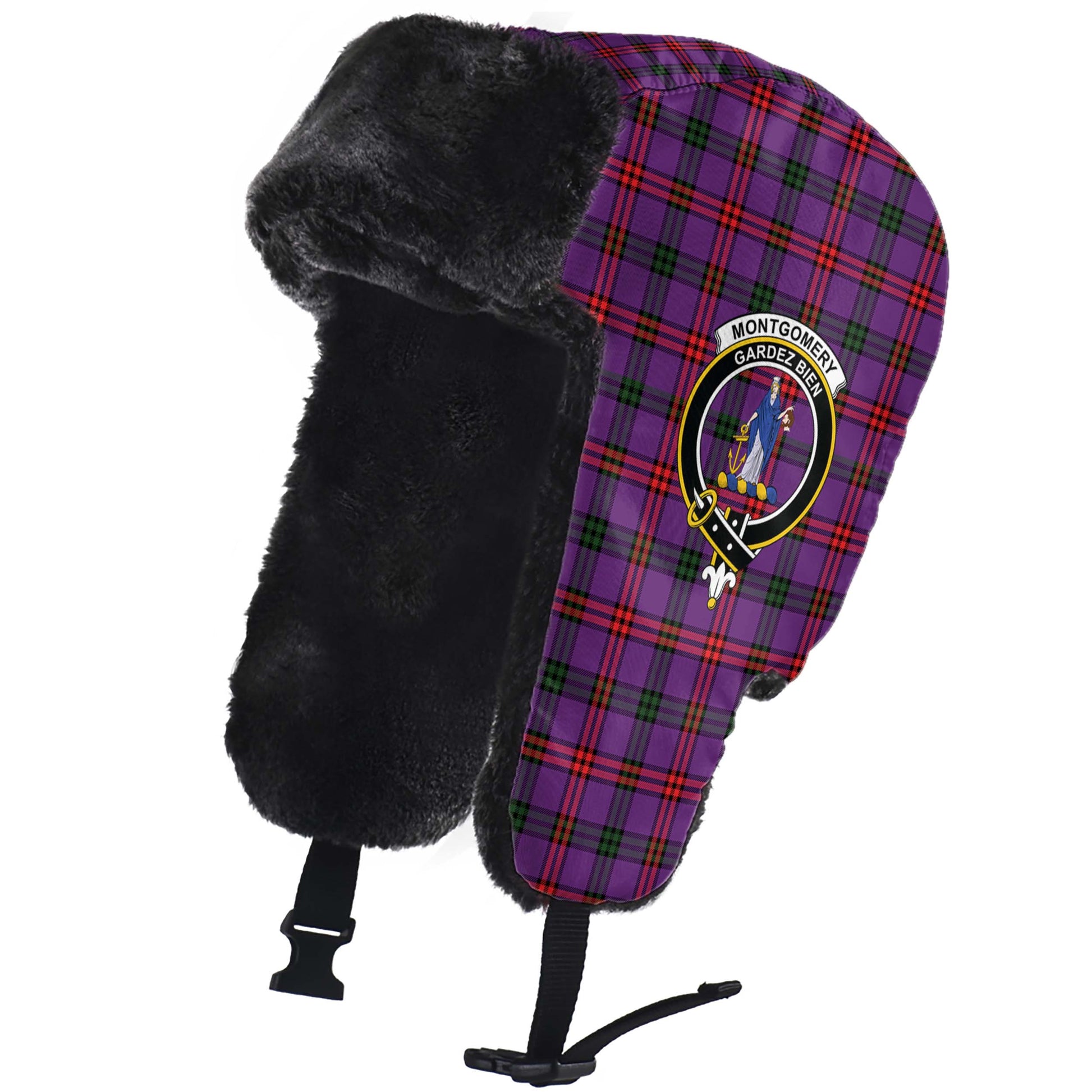 Montgomery Modern Tartan Winter Trapper Hat with Family Crest - Tartanvibesclothing