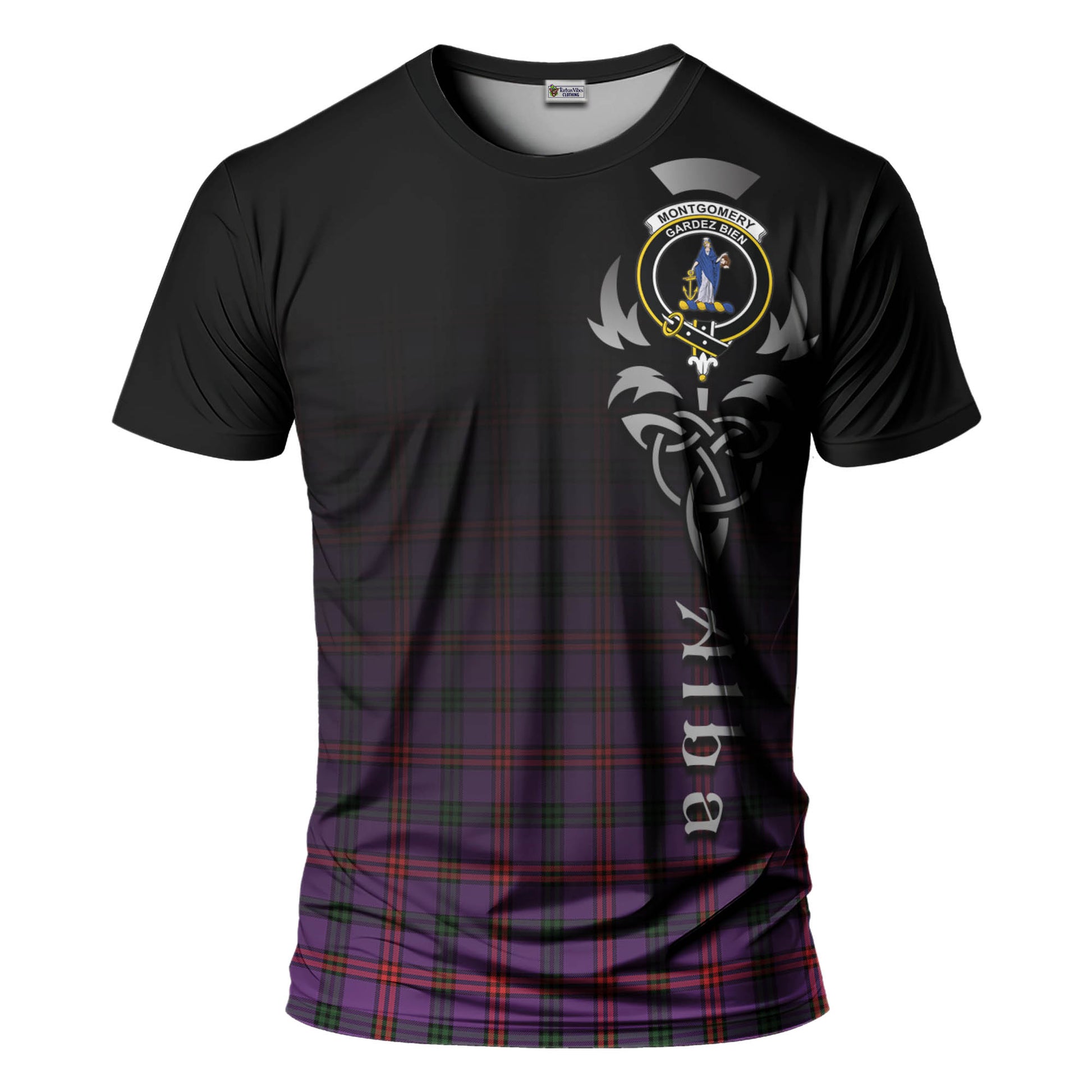 Tartan Vibes Clothing Montgomery Modern Tartan T-Shirt Featuring Alba Gu Brath Family Crest Celtic Inspired