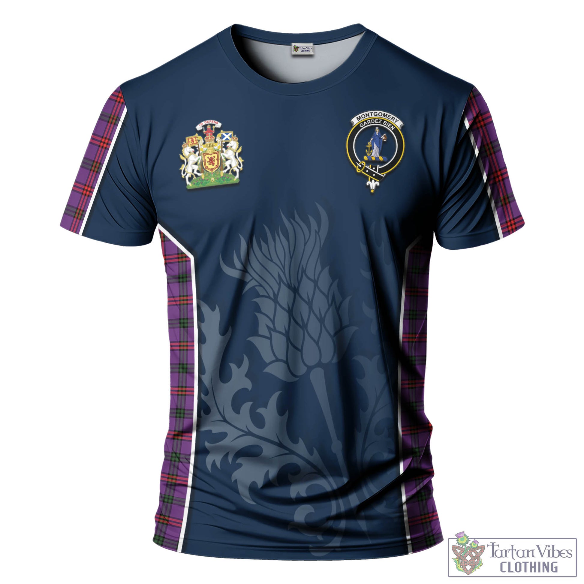 Tartan Vibes Clothing Montgomery Modern Tartan T-Shirt with Family Crest and Scottish Thistle Vibes Sport Style